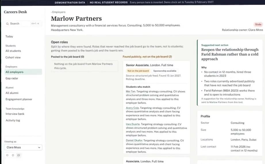 An invented employer: open roles found publicly, the students who match each, and a suggested way back in.