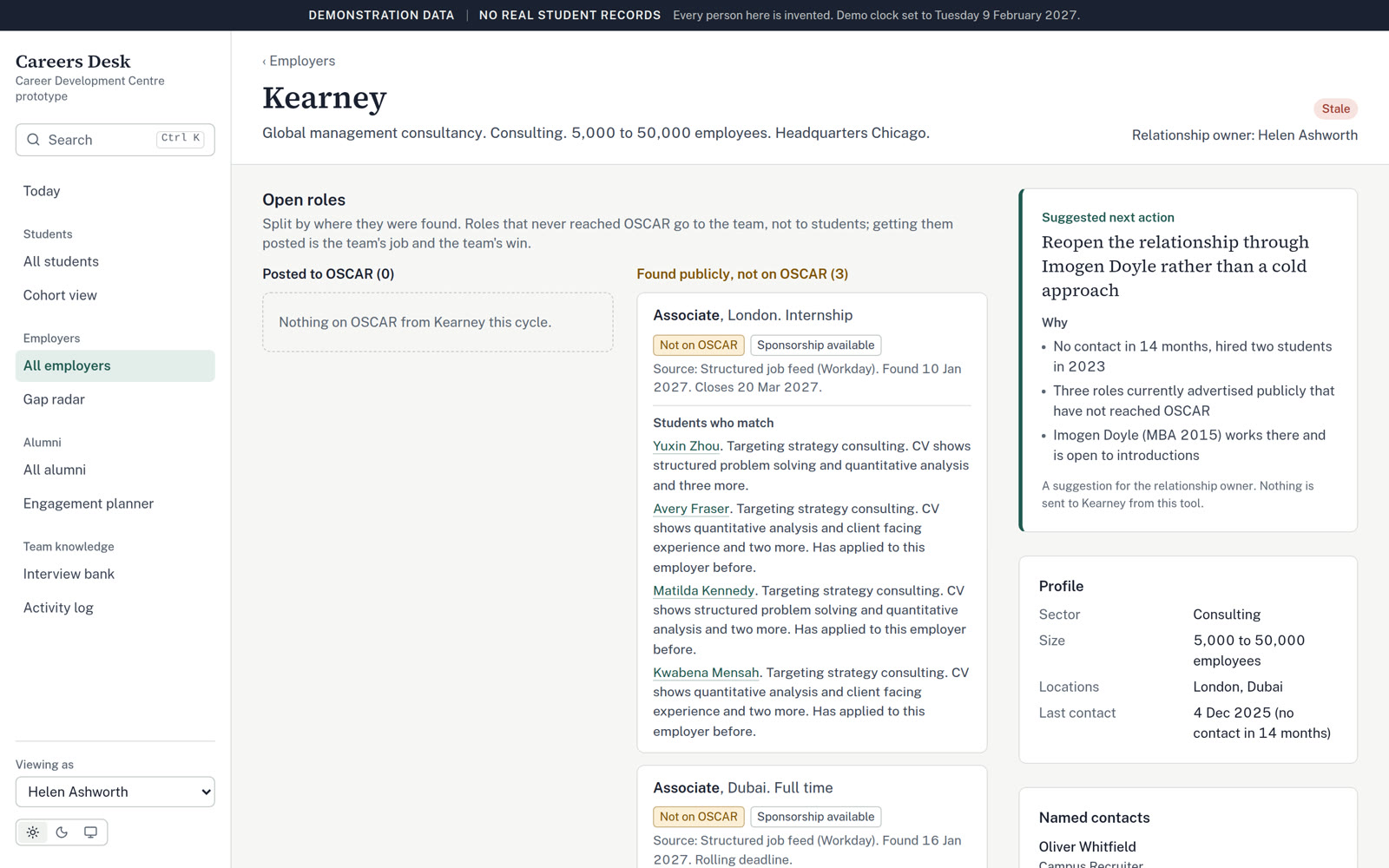 One employer's page: invented contacts, the last touch, open roles and a suggested next step.