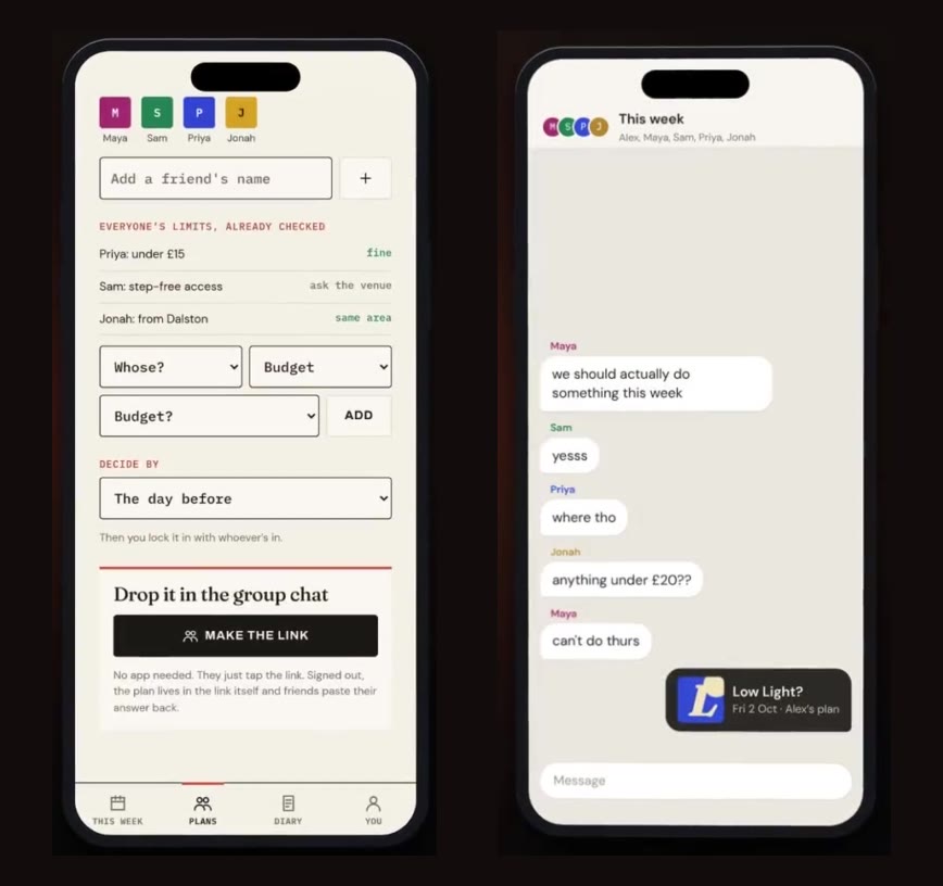 Making a plan: everyone's limits are checked before the link goes out, and it lands in the group chat as one card.
