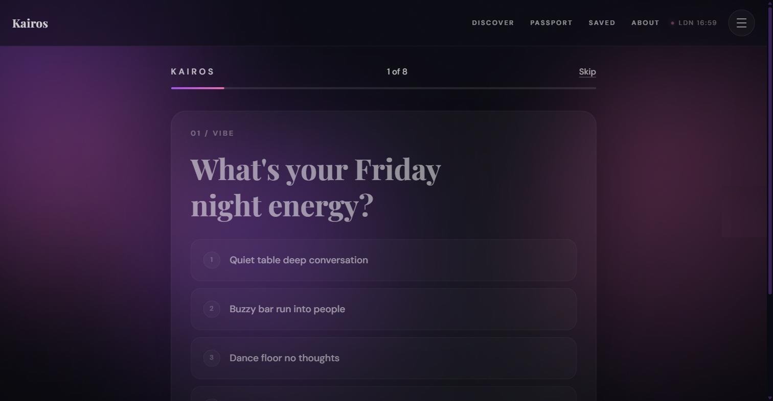 The quiz opens on vibe rather than category, because how you want a night to feel predicts more than what genre it is filed under.