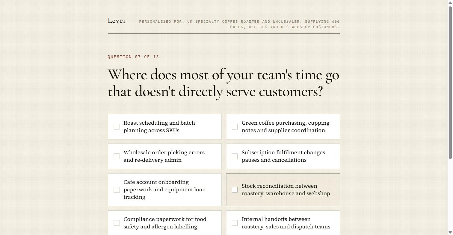 The assessment rewrites itself around the business you describe. Say you roast coffee and the options come back as roast scheduling and green coffee purchasing, generated rather than picked from a list.