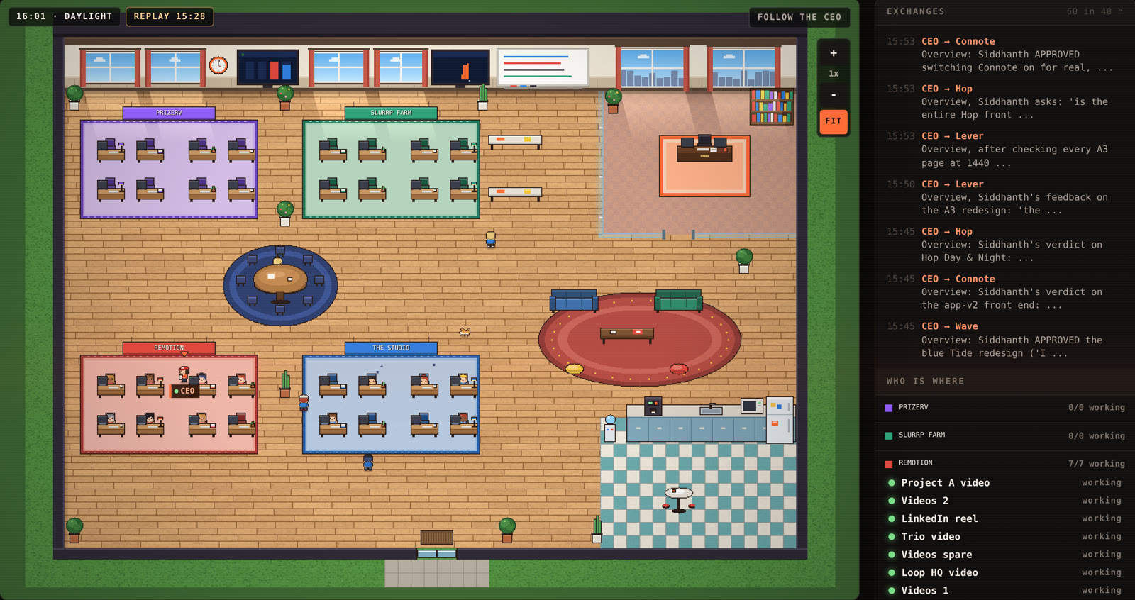 The office: a room of desks per project, the round table, and the latest exchanges between the overview session and each project.