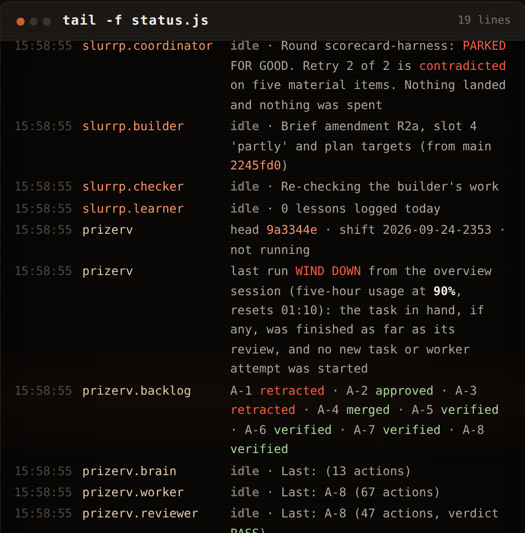 The live feed: every line the page read from status.js, with its time and source.