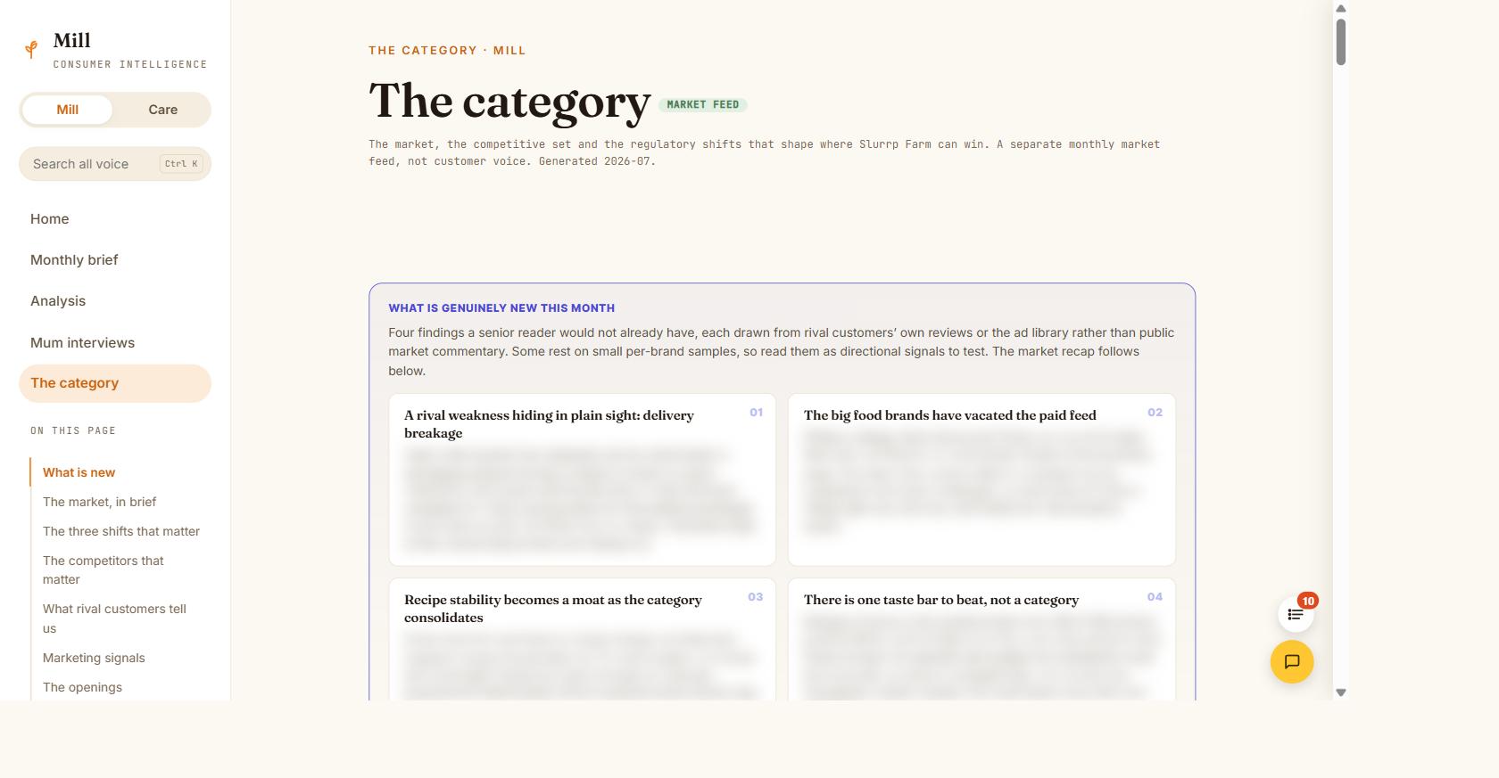 Mill's category view: a separate monthly market feed of competitor moves, and where the category is genuinely shifting.